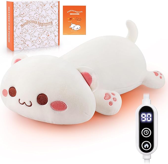 Electric Heating Pad for Period Cramps, Cuddly Kawaii 14'' White Cat Plush with a Hot Soft Belly USB Powered, Menstrual Heating Pad Neck Shoulder Pain Relief, Gift for Daughter Wife Period Heating Pad