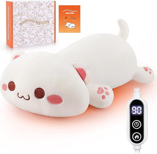 Electric Heating Pad for Period Cramps, Cuddly Kawaii 14'' White Cat Plush with a Hot Soft Belly USB Powered, Menstrual Heating Pad Neck Shoulder Pain Relief, Gift for Daughter Wife Period Heating Pad