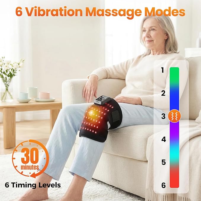 Knee Massager with Heat and Red Light Therapy, 5000mAh Heated Knee Brace for Knee Pain Relief, 660&850nm Red Light Therapy Device for Knee with 6 Heat 6 Vibration Massage, Gifts for Seniors(Single)