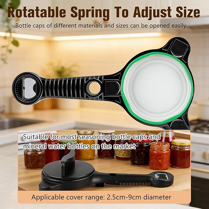 4 in 1 Multi-Purpose Jar Opener,Magnetic Stainless Steel Can Opener with Ergonomic Handle,Multi Size Lid Tool for Jars Cans Wine Bottles, Home Kitchen Helper(Black)