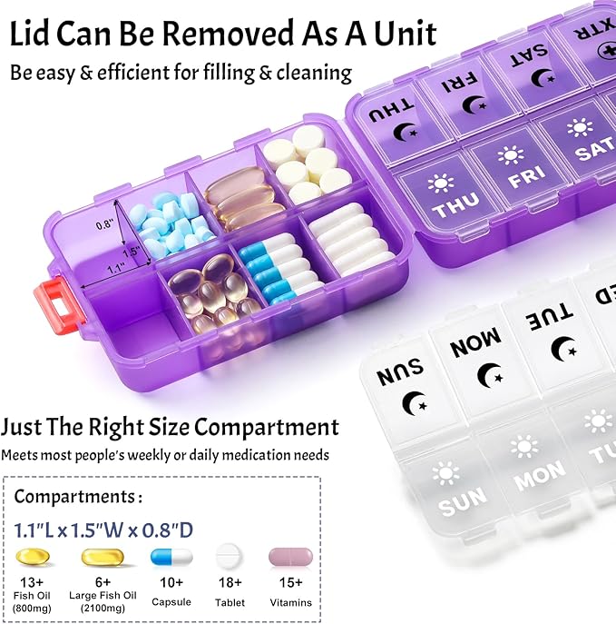 Foldable Weekly Pill Organizer 2 Times a Day with 2 Extra Compartments (Clear Printed Labels) - 7 Day AM PM Medicine Box, Week Daily Travel Pill Case Holder for Vitamin, Supplement - Clear Purple