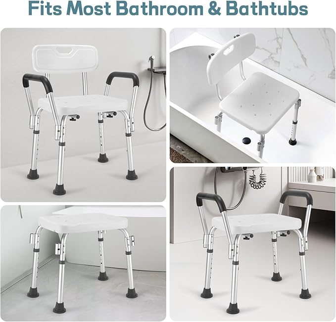 Shower Chair for Elderly and Disabled with Padded Armrests and Back, Adjustable Height Shower Seat, Tool-Free Heavy Duty Shower Chairs for Inside Shower, Handicap