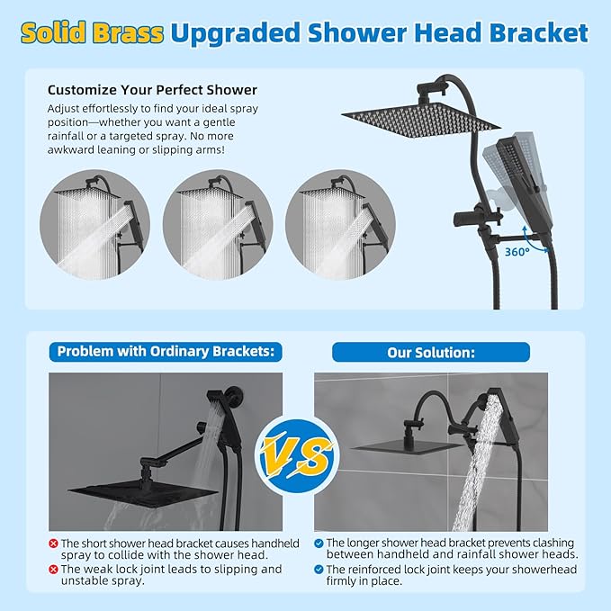 Hibbent All Metal cUPC Certified Shower Head, 12'' High Pressure Rainfall Showerhead Combo, Handheld Shower Wand, 12'' Adjustable Extension Arm, 4-Spray, 71'' Hose, Brass Shower Holder, Matte Black