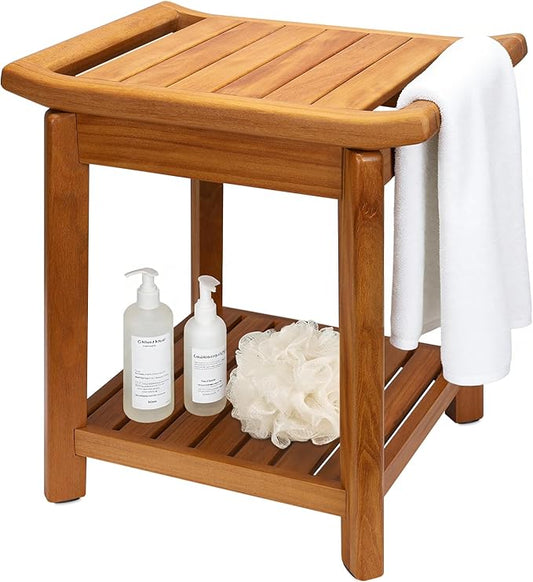 17" Teak Shower Chair with Storage Shelf & Handle, Non-Slip Waterproof Wooden Shower Bench, Stable Bathroom Seat and Heavy Duty Shower Stool for Tub or Indoor Use, Ideal for Elderly, Recovery