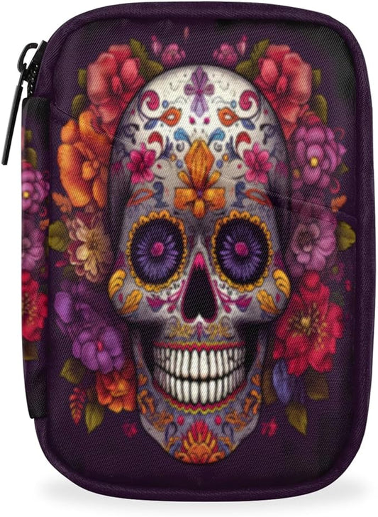 Flower Skull Mexican Gothin Pill Box Small Pill Travel Organizer 7 Day Weekly Medicine Pill Case Cute Compact Size Vitamin Container Pill Bottle Portable Pill Holder Bag with Zipper