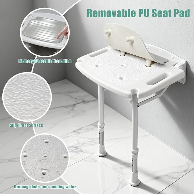 Wall Mounted Shower Seat with Arms, 2mm Thick Aluminum Frame Supports 550lbs, Folding Shower Chair with Memory Foam Cushion, 8 Adjustable Heights, Fold Down Bathroom Bench for Seniors & Disabled