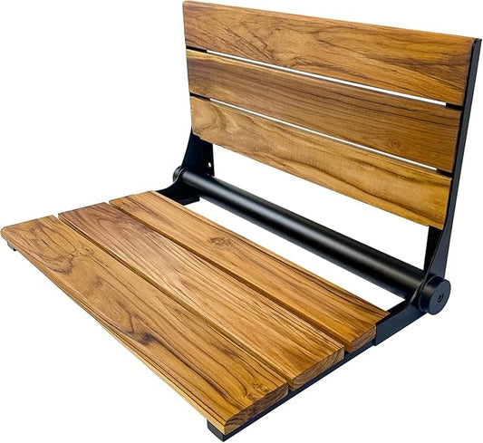 Teak Shower Seat Bench with Back - Wall Mounted Fold Up Shower Seat, Waterproof Folding Teak Bath Chair for Seniors, 304 Stainless Steel Frame, with 300 lbs Capacity - 18" Length, Matte Black