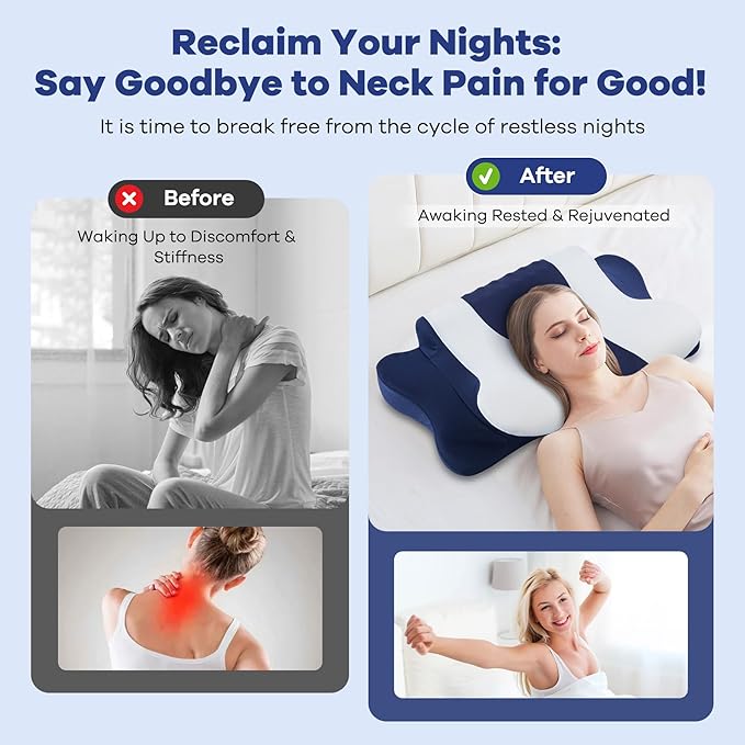 Cervical Neck Pillow for Pain Relief,Cervical Pillow with Memory Foam Ergonomic Pillows with Dual Heights for Back,Stomach and Side Sleepers Kids' Floor Pillows Cushions (Dark Blue, Standard 27"×16")