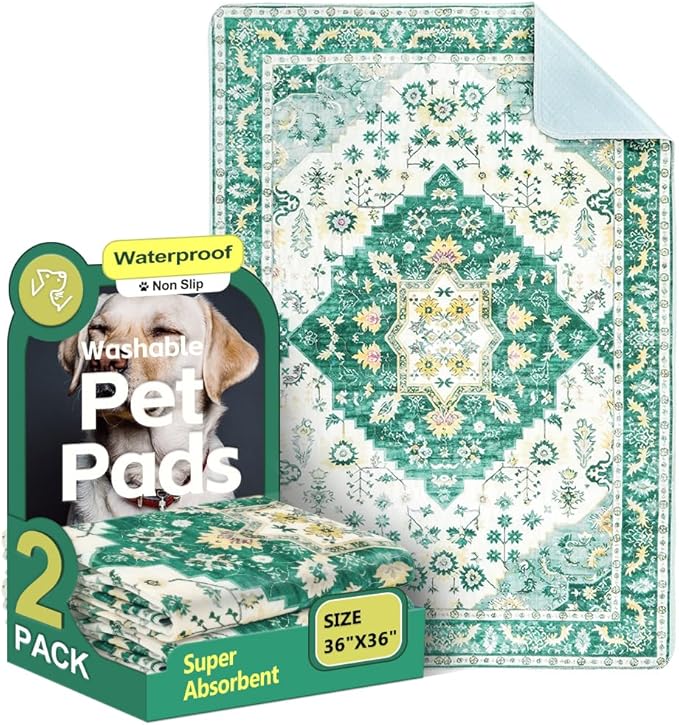 Washable Pee Pads for Dogs 2 Pack Reusable Puppy Training Pads 36"x36" Super Absorbent Waterproof Dog Training Pads, Non-Slip Potty Pads Whelping Pads Litter Mat Pet Supplies - Green Medallion