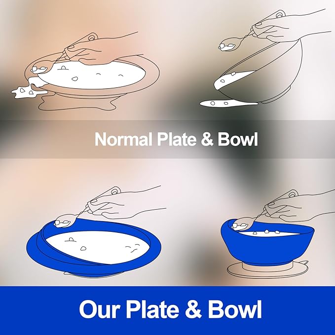 Hushee 2 Sets Adaptive Spill Proof Scoop Bowl and Plate Set with Suction Base Non Skid Self Feed Suction Dinnerware for Elderly Disabled Handicapped from Parkinsons Tremor (Blue)