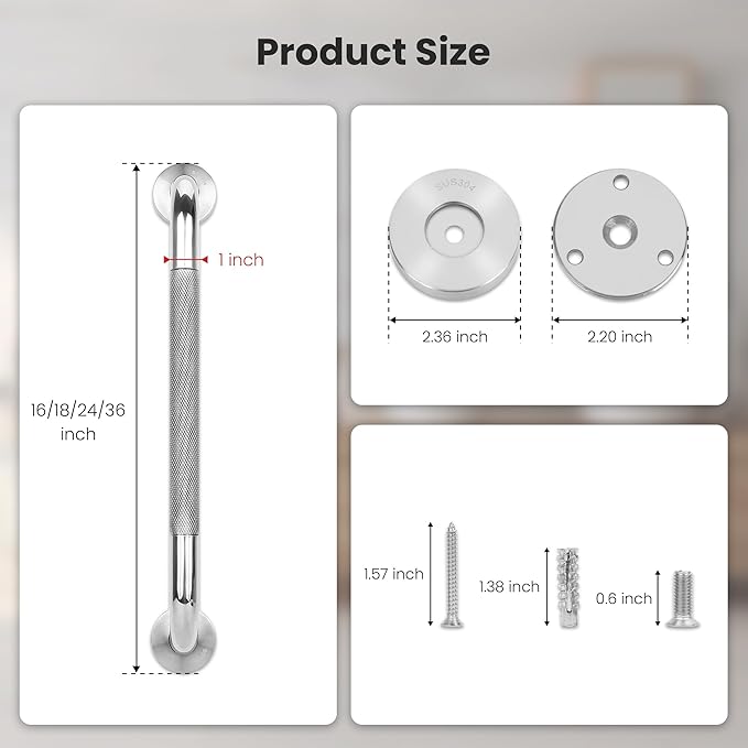 2 Pack 24 Inch Knurled Mirror Polished Shower Grab Bar, Extended Bathroom Safety Grab Bars for Elderly Disabled, Wall Mounted Heavy Duty Handrail for Tub & Shower, Stainless Steel & Easy to Clean