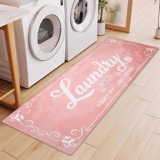 XLHOMO Laundry Room Rug Runner, 17"x60" Non Slip Pink Nappa Leather Laundry Rugs, Farmhouse Washable Floor Laundry Mats for Laundry Room, Kitchen, Washroom, Bathroom, Mudroom, Hallway Entryway Decor