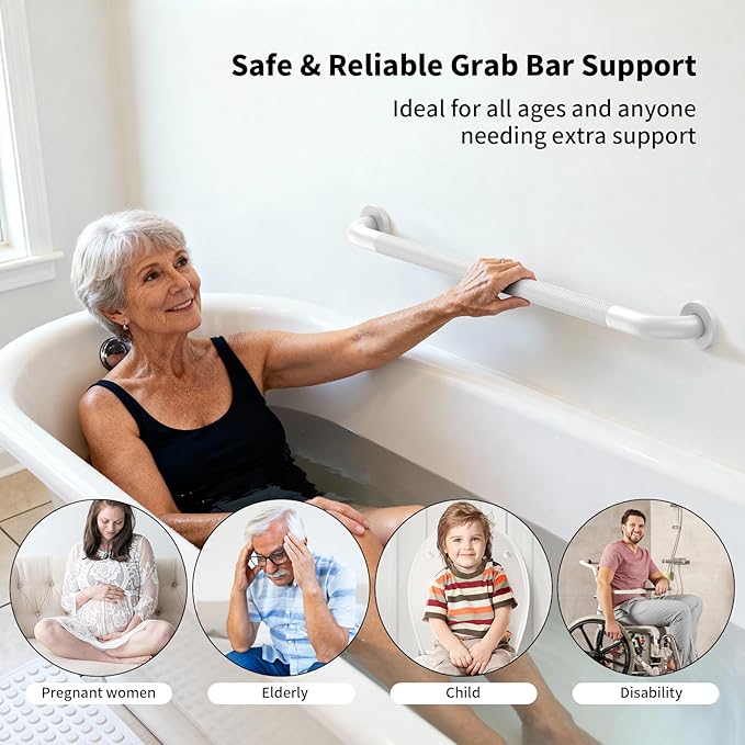 Shower Grab Bar 32 Inch, iHansee White Bathroom Grab Bar w/Anti-Slip Knurled Grip - 1.25" Diameter, Stainless Steel Bath Safety Bars for Senior Elderly, Wall Mounted Toilet Bathtub Balance Handrail