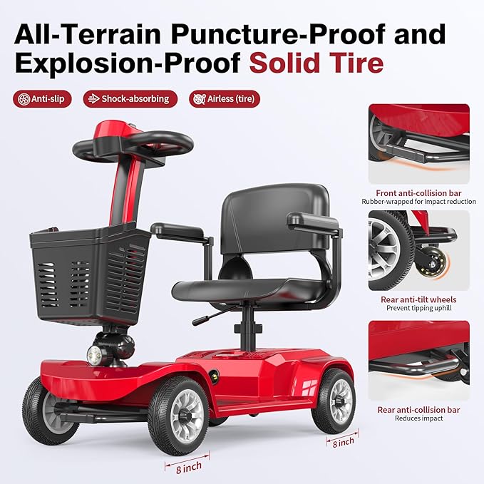 Mobility Scooter for Seniors, Red,420 lbs Capacity -12.4 Miles Range 4 Wheel Electric Scooter with Seat, 20° Hill Climb, 300W Motor, Easy to Operate and Foldable