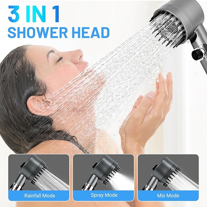 Filtered Shower Head with Handheld, High Pressure Water Flow and 4 Spray Modes, Power Wash for Hard Water, Showerhead Set with 59″ Hose、Bracket、Filters, ON/OFF Switch for Pets Bath (Grey)