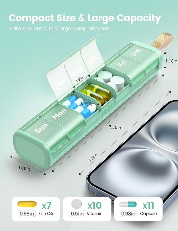 Weekly Pill Organizer, 7 Day Pill Box with Moisture-Proof Desiccant Chamber, Compact Daily Medicine Pill Case, Easy Open, Portable Handle for Vitamins & Supplements