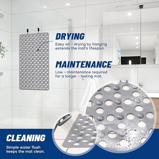 Non-Slip Bathtub Mat 31.5"x17.7" - 200+ Suction Cups, Quick-Dry PVC Shower Mat with Drain Holes - Slip Resistant for Bathroom, Machine Washable Grip Mat