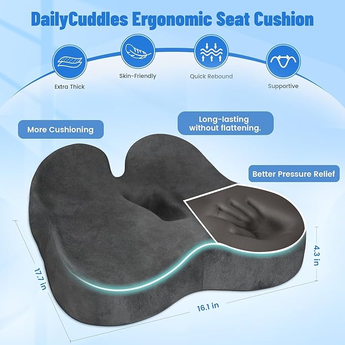 Wheelchair Seat Cushion, Premium Memory Foam Office Chair Cushion, Supportive Donut Pillow for Sciatica, Tailbone & Back Relief, Ergonomic Long Sitting Chair Pad for Car, Airplane, Grey