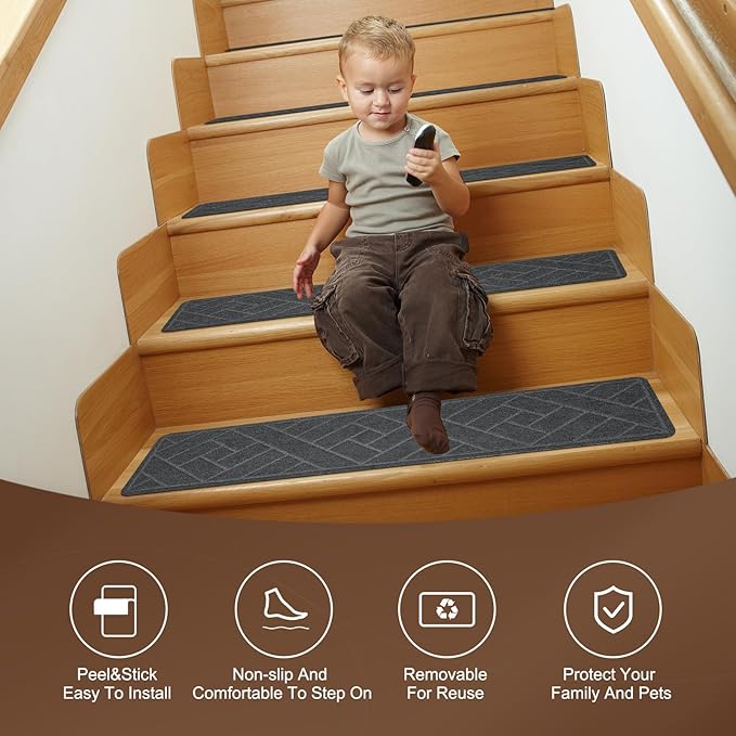 15 Pack 8 "X 30" Non-Slip Carpet Stair Treads for Indoor Wooden Steps, Made of Polyester and Reusable Adhesive, Suitable for Kids Elders and Pets（Grey Lines）