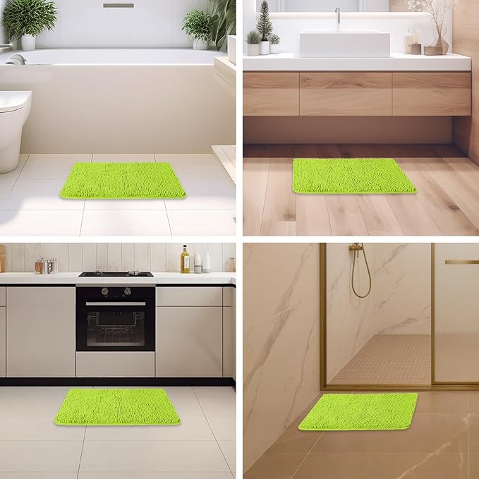 Lime Green Bathroom Rugs – Absorbent and Washable Bath Mat, Non-Slip, Thick Soft Chenille Bath Rugs for Bathroom Floor, Shower, Sink - 17" x 24"