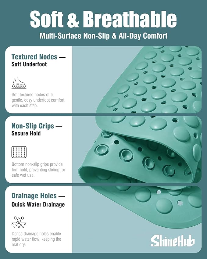 7mm Extra Thick TPE Bath Mat, Non-Slip Shower Mat for Bathroom and Tub, 28x16 Inch with Drainage Holes and Stability Grip, Machine Washable, Smoke Pine Green