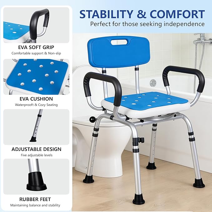Swivel Shower Chair 500 lbs Heavy Duty Shower Chair for Elderly and Disabled - Height Adjustable Inside Shower Chair with Arms & Back - 360° Rotating Shower Bench Seat for Bathtubs