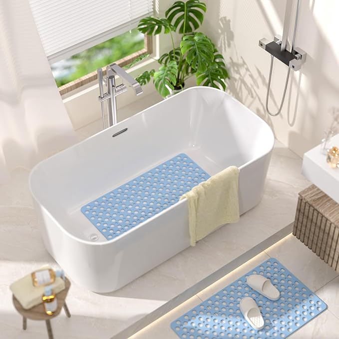 HITSLAM Bathtub Mat Non Slip, 28 x 15 Inch TPE Bath Mat for Tub, Efficient Drainage Bathroom Shower Mat with Suction Cups, Bath Tub Mat, Soft on Feet and Easy to Clean, Blue