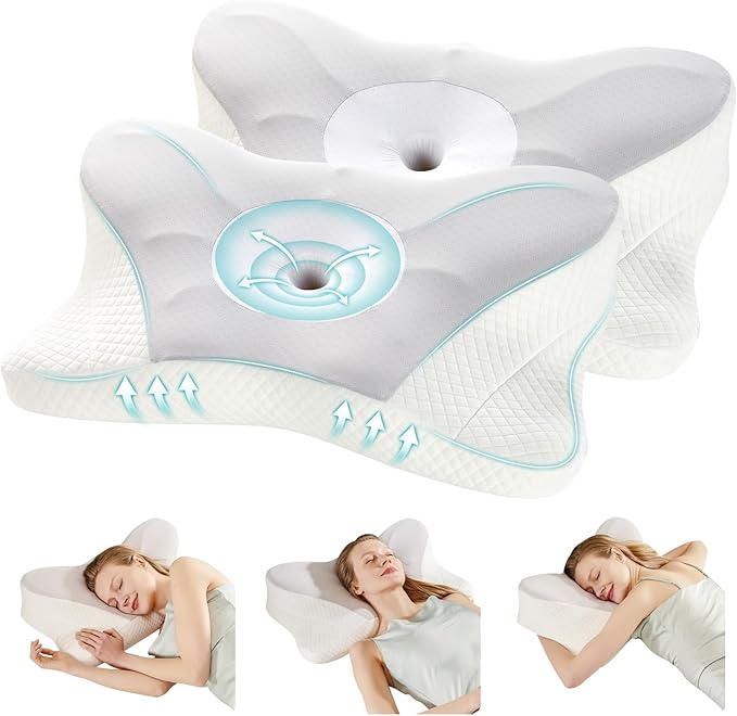 DUMOS Cervical Neck Pillow, Cooling Ergonomic Memory Foam Pillows for Neck Pain Relief with Breathable Pillowcase, Dual Height Orthopedic Support Contour Pillow for Side, Back, Stomach Sleepers, Grey