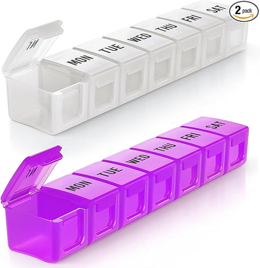 BUG HULL Weekly Pill Organizer Large 2 Packs, Extra Large Travel Pill Organizers, Pill Box 7 Day, Travel Pill Case, Medicine Pill Organizer for Vitamins, Supplements and Medication (White+Purple)