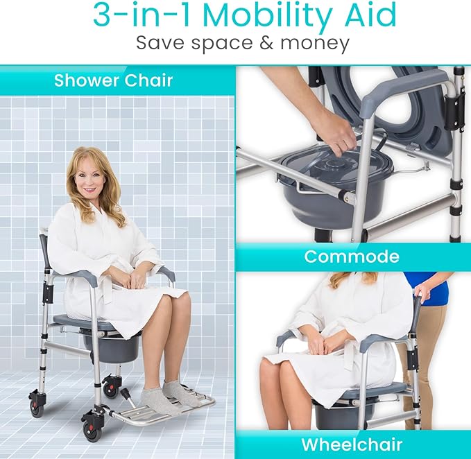 Vive Commode Shower Chair with Wheels - 3-in-1 Bathroom & Bedside Wheelchair for Seniors, Adults, Elderly, Disabled, Handicap - Rolling Toilet Transfer Seat w/Arms, Footrest, & Removable Bucket
