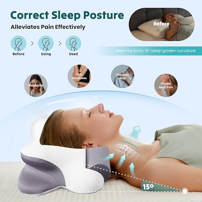 DUMOS Cervical Neck Pillow for Sleeping, Cooling Ergonomic Memory Foam Pillow with Arm Rest Slot and Ice Silk Pillowcase, Dual Height Orthopedic Support Contour for Side, Back, Stomach Sleepers