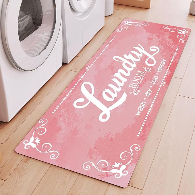 XLHOMO Laundry Room Rugs and Mats, 17.7"x45" Pink Laundry Room Rug Runner Non Slip, Washable Anti Fatigue Laundry Floor Mat for Mudroom, Kitchen, Washroom, Bathroom, Hallway, Entryway Carpet Decor
