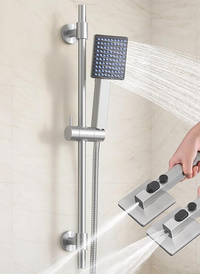KES 30-Inch All-Metal Shower Slide Bar with Handheld Shower Head, Built-In Power Wash & Patented Auto-Reset, Adjustable Brackets Cover Hole, 18/8 Stainless Steel Slide Bar Shower System, Brushed Steel