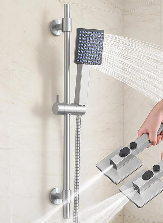 KES 30-Inch All-Metal Shower Slide Bar with Handheld Shower Head, Built-In Power Wash & Patented Auto-Reset, Adjustable Brackets Cover Hole, 18/8 Stainless Steel Slide Bar Shower System, Brushed Steel
