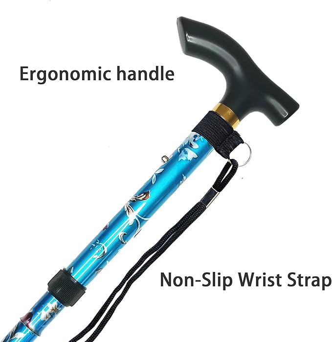Folding Cane, 5-Level Adjustable Height Lightweight Portable Foldable Walking Canes with Wrist Strap and T Handle for Men Women Seniors