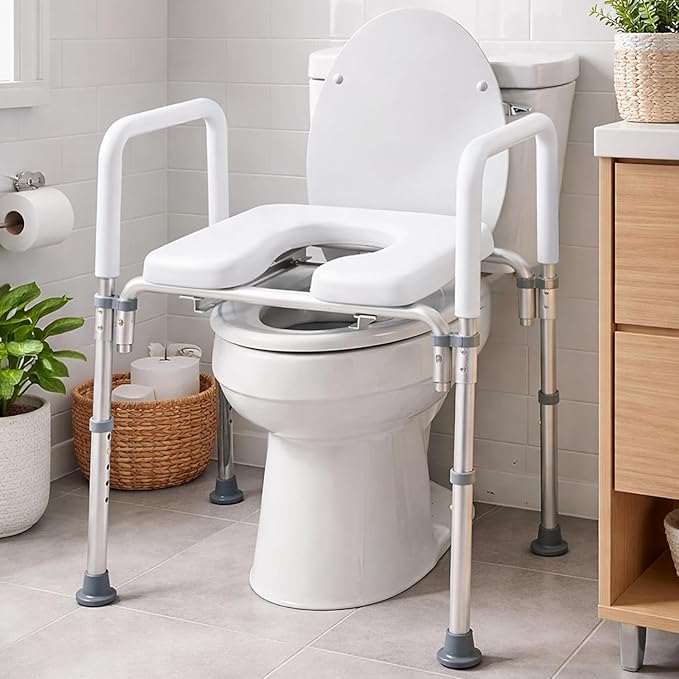 Ultimate Raised Toilet Seat with Handles, Padded, Armrests, Adjustable Height, Premium Elevated Toilet Seat for Elderly Bathroom Safety with Arms, Standard and Elongated Toilets