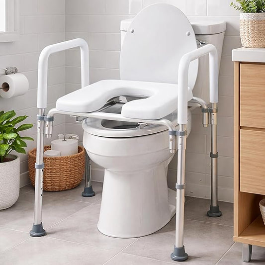 Ultimate Raised Toilet Seat with Handles, Padded, Armrests, Adjustable Height, Premium Elevated Toilet Seat for Elderly Bathroom Safety with Arms, Standard and Elongated Toilets