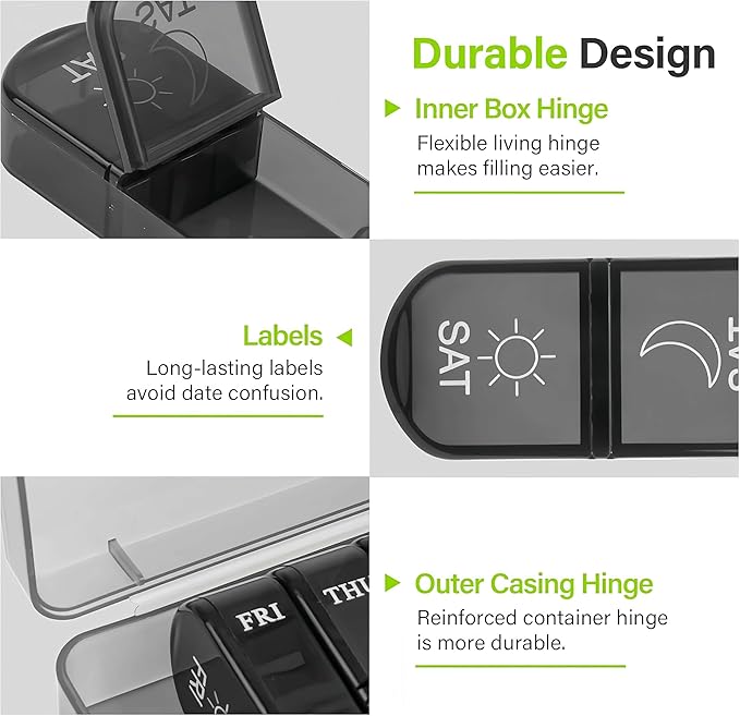 Weekly Pill Organizer 2 Times a Day, Portable Travel 7 Day Morning and Night Pill Box, Black Daily Am Pm Pill Case for Medication, Vitamins, Fish Oils, Supplements