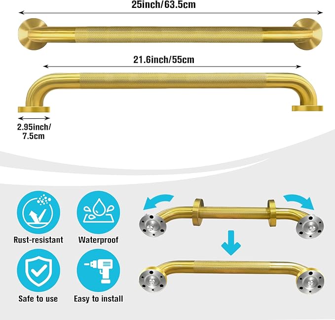 Shower Grab Bar for Bathroom, Anti-Slip Safety Grab Bar for Bathtub Toilet Staircase Stainless Steel Textured Grip Bath Handle Handrail for Elderly (Oil Bronze Gold, 24" L x 1-1/4" D)