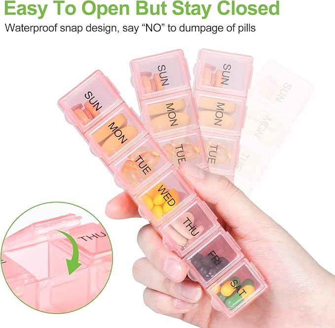 4 Pack Weekly Pill Organizer, 7 Days Pill Case Travel Daily Pill Box Portable Medicine Organizer and Planner with Compartment for Vitamins, Fish Oil, Supplements and Medication (4 Colors)