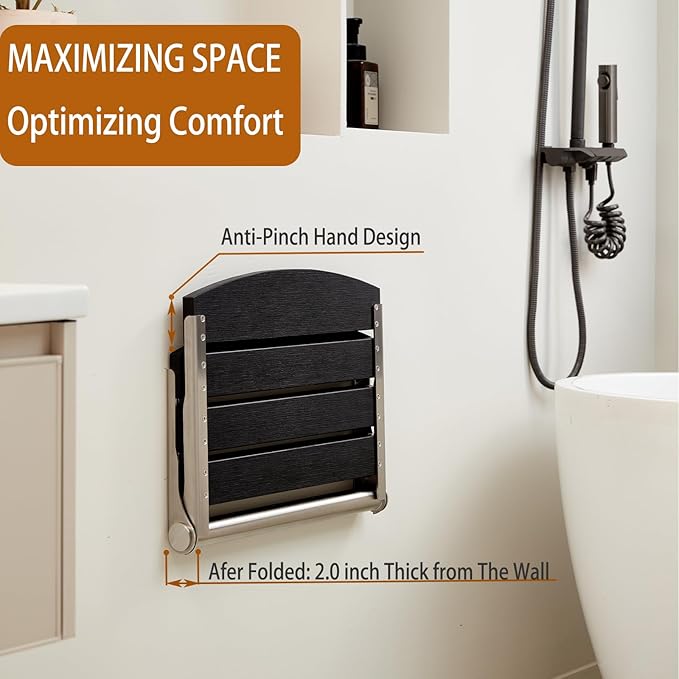 17.5" Wall Mounted Shower Seat, Fold Down Shower Seat Wall Mounted, HDPS Foldable Shower Seat, Folding Shower Seat Attached to Wall, for Inside Shower, Home Care(Black)