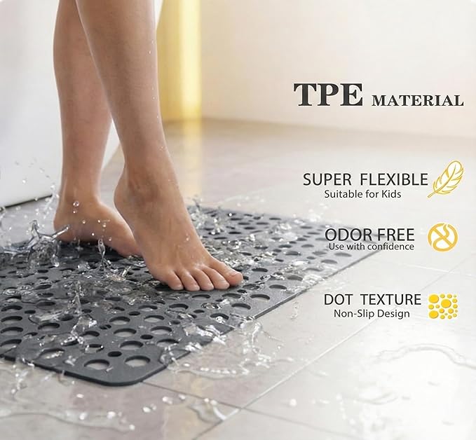 Nonslip Bathtub Mat Extra Soft TPE Bath Mat for Kids, Machine Washable Bathroom Shower Mat(Gray/ 30L x 17W Inch)