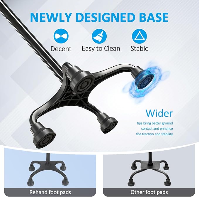 Rehand Quad Cane, Walking Cane with Ergonomic Handle Ever and Graceful 4-Pronged Base for Extra Stability, Adjustable Walking Sticks for Right or Left Handed Men & Women and Seniors