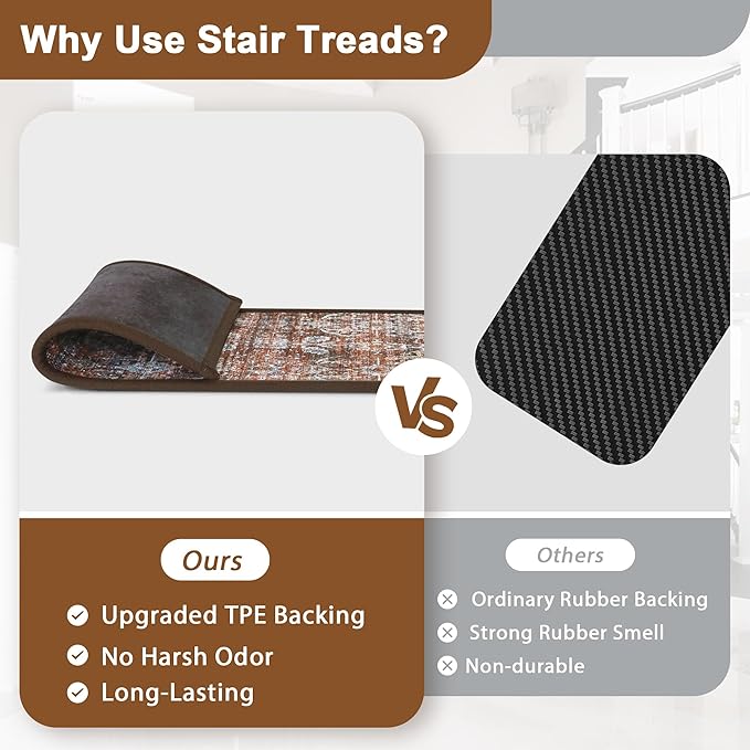 Non Slip Stair Treads for Wooden Steps 15PCS - 8"x30" Indoor Safety Carpet, Edging Mats with TPE Adhesive Backing, Pet and Elderly Friendly Stair Rugs (Light Clay Brown)