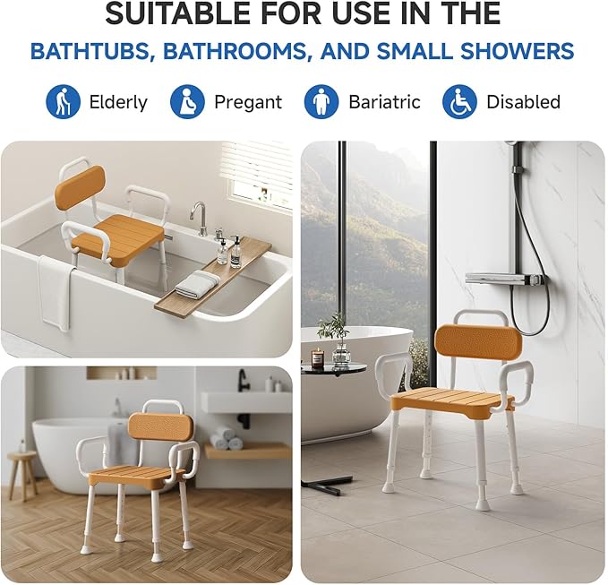 Loyoda Shower Chair for Inside Shower ，Bath Chair with Arms and Back,Aluminum Shower Stool for Tub,Slip Resistant Shower Bench,Height-Adjustable Shower Seat with Padded Handles for Seniors，Brown