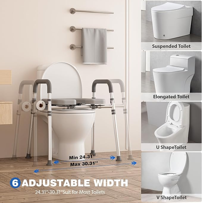 Loyoda Toilet Seat Risers for Seniors, Raised Toilet Seat with Padded Handles & Seat, 400 LBS Raised Toilet Seat with Adjustable Height & Width for Pregnant, Disabled, Handicapped,(Gray)