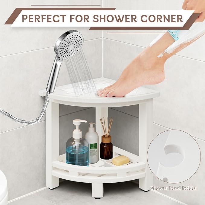 KALUMOON Corner Shower Stool, HDPE Waterproof Shower Bench for Inside Shower, Small Shower Chair Seat for Shaving Legs with Storage Shelf, Shower Head Holder, Adjustable Feet (White)