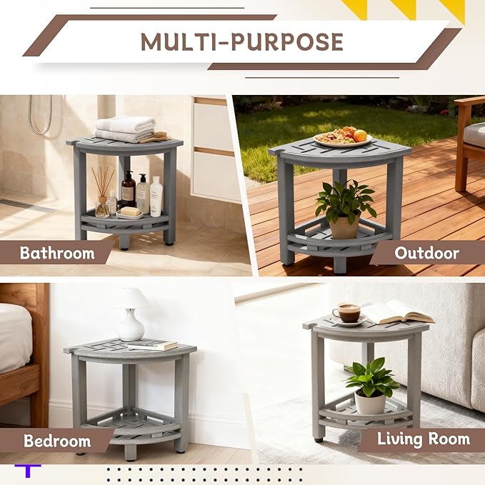 KALUMOON Corner Shower Stool, HDPE Waterproof Shower Bench for Inside Shower, Small Shower Chair Seat for Shaving Legs with Storage Shelf, Shower Head Holder, Adjustable Feet (Grey)