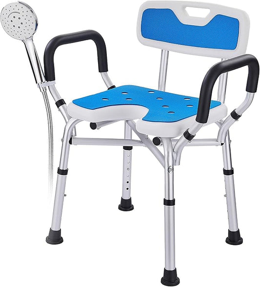 Shower Chair for Elderly and Disabled: U-Shape Shower Seat with Non-Slip Silicon Pad for Bariatric with Arms & Back, Height Adjust & 500lbs Heavy Duty Shower Chair for Inside Shower