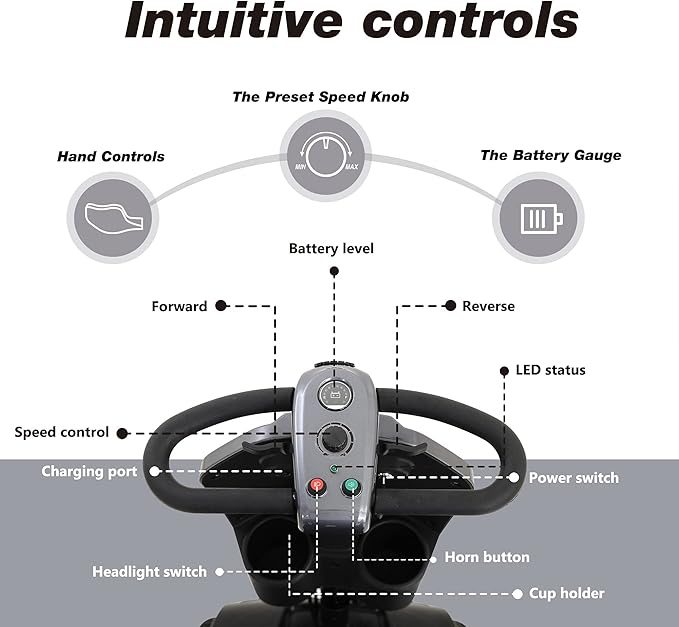 Mobility Scooter for Seniors and Adults Patriot Grey, 300W Powerful Motor, 9” Pneumatic Tires with Rear Suspension, Premium Windshield Design with Cup Holder, 360° Swivel Seat